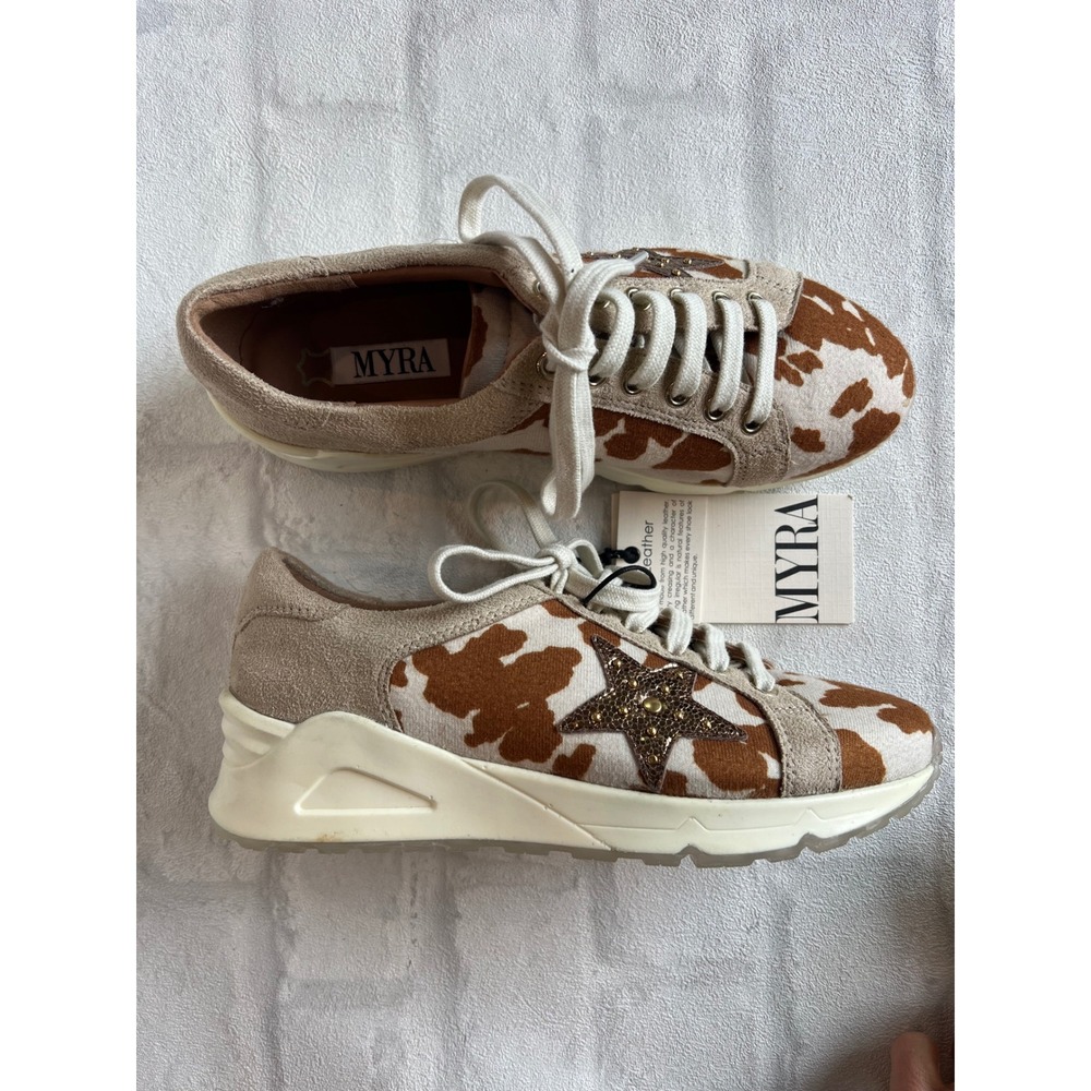 NWT Myra Luster Cow Print Leather Star Sneakers
